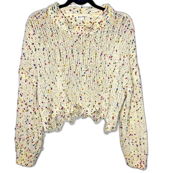 WILD HONEY Sweater Cropped Confetti Distressed Thrashed Grunge Womens S Cream - Picture 1 of 10
